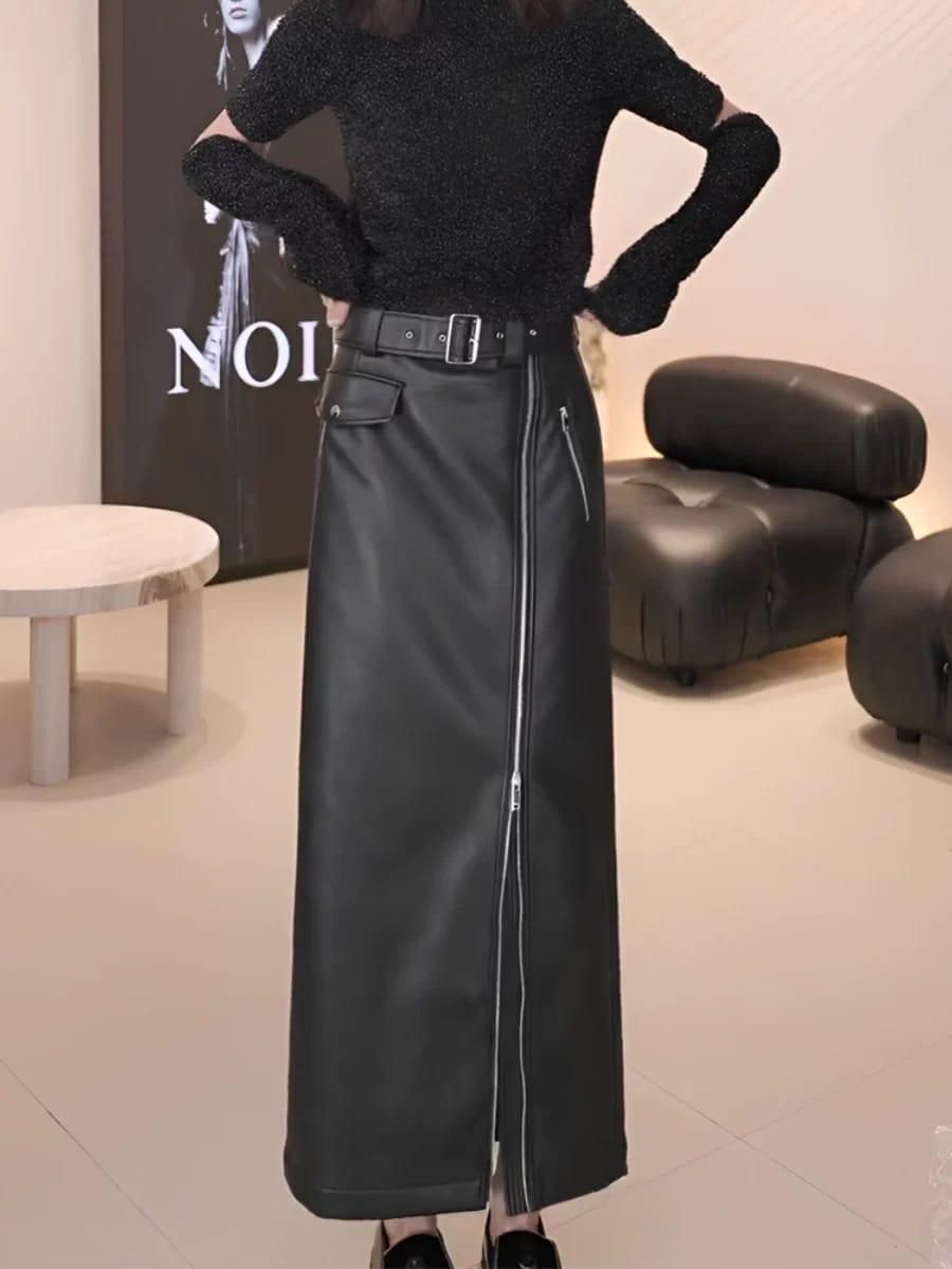 Long Leather Zipper Skirt