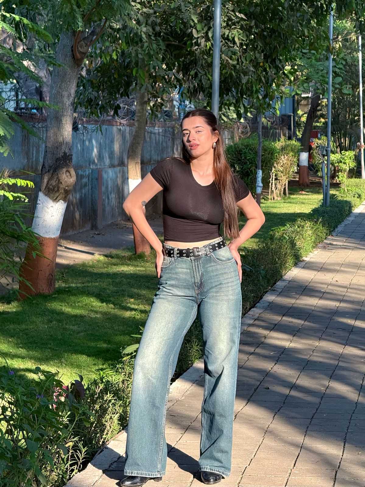 Greenish Washed Wide Leg Denim
