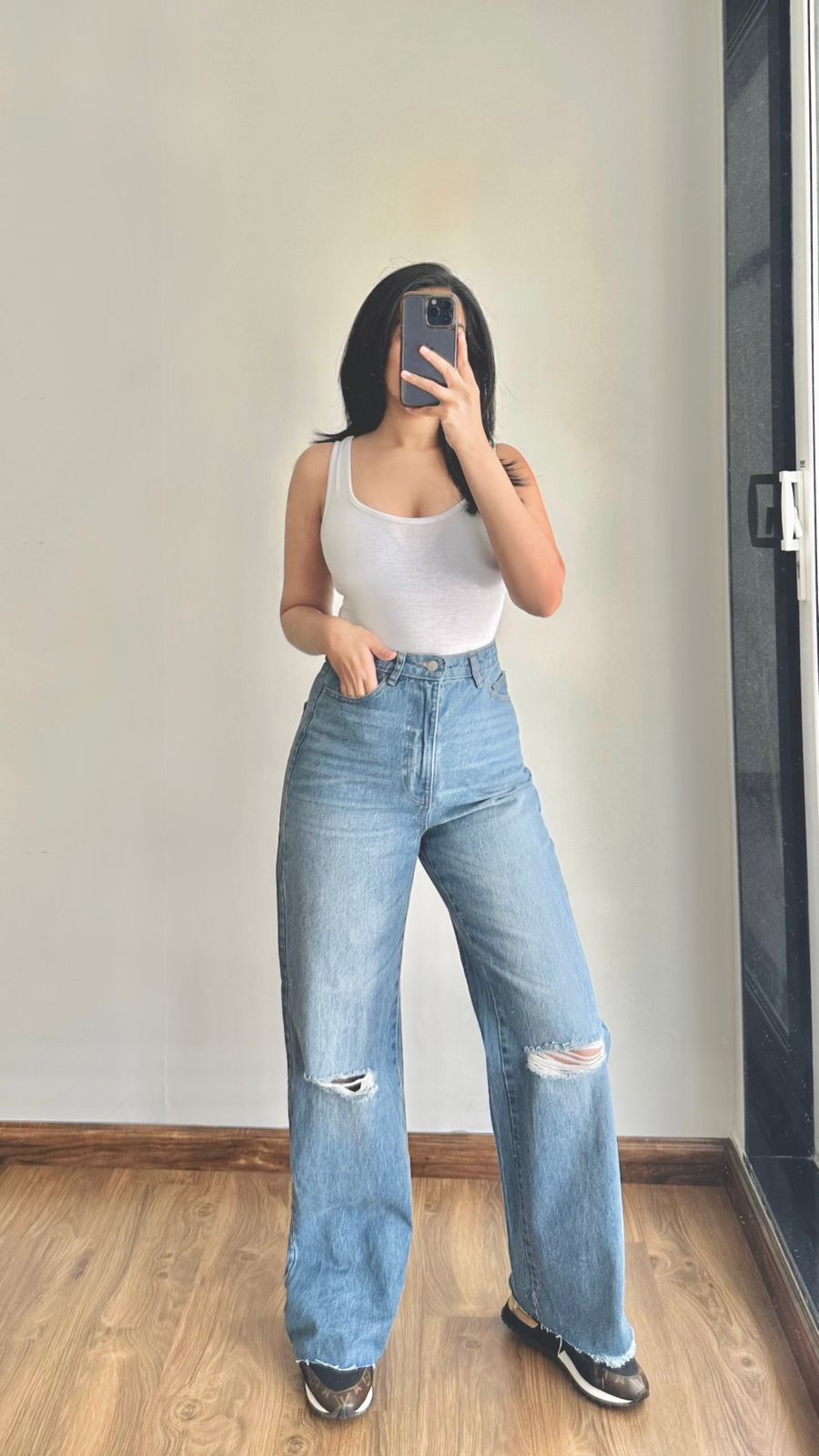 High Rise Knee Cut Wide Leg Jeans