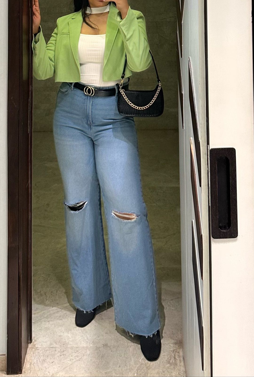 High Rise Knee Cut Wide Leg Jeans