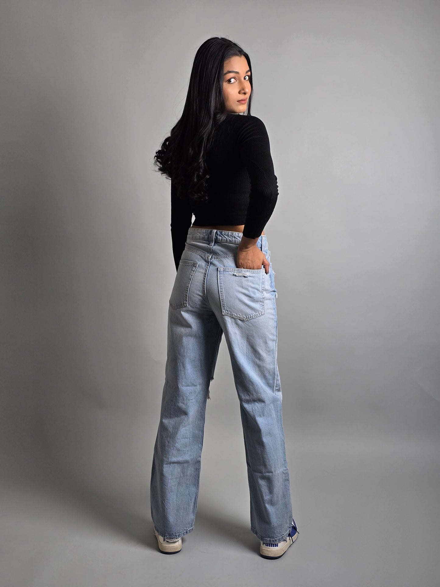 Light Blue Single Knee Cut Jeans