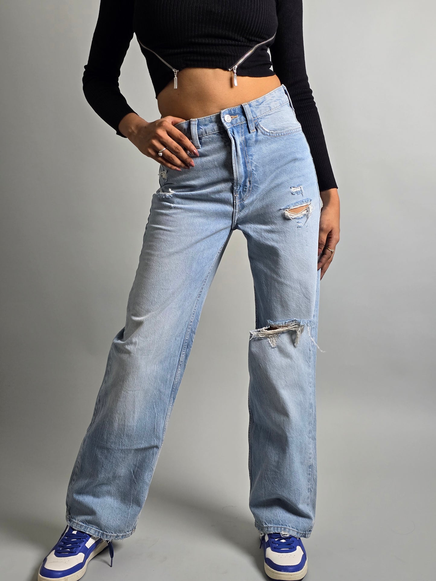 Light Blue Single Knee Cut Jeans