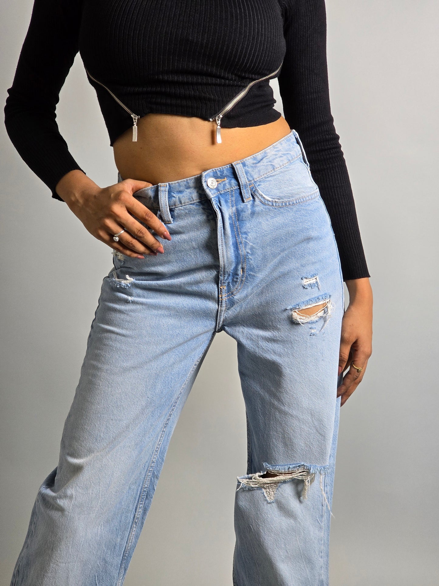 Light Blue Single Knee Cut Jeans
