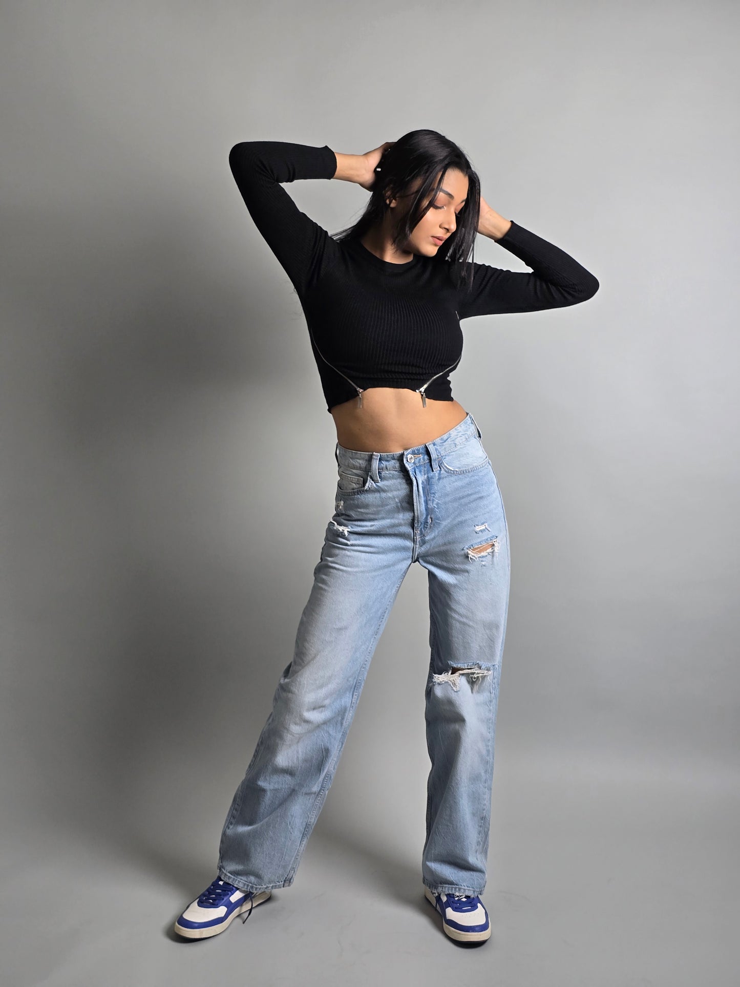 Light Blue Single Knee Cut Jeans