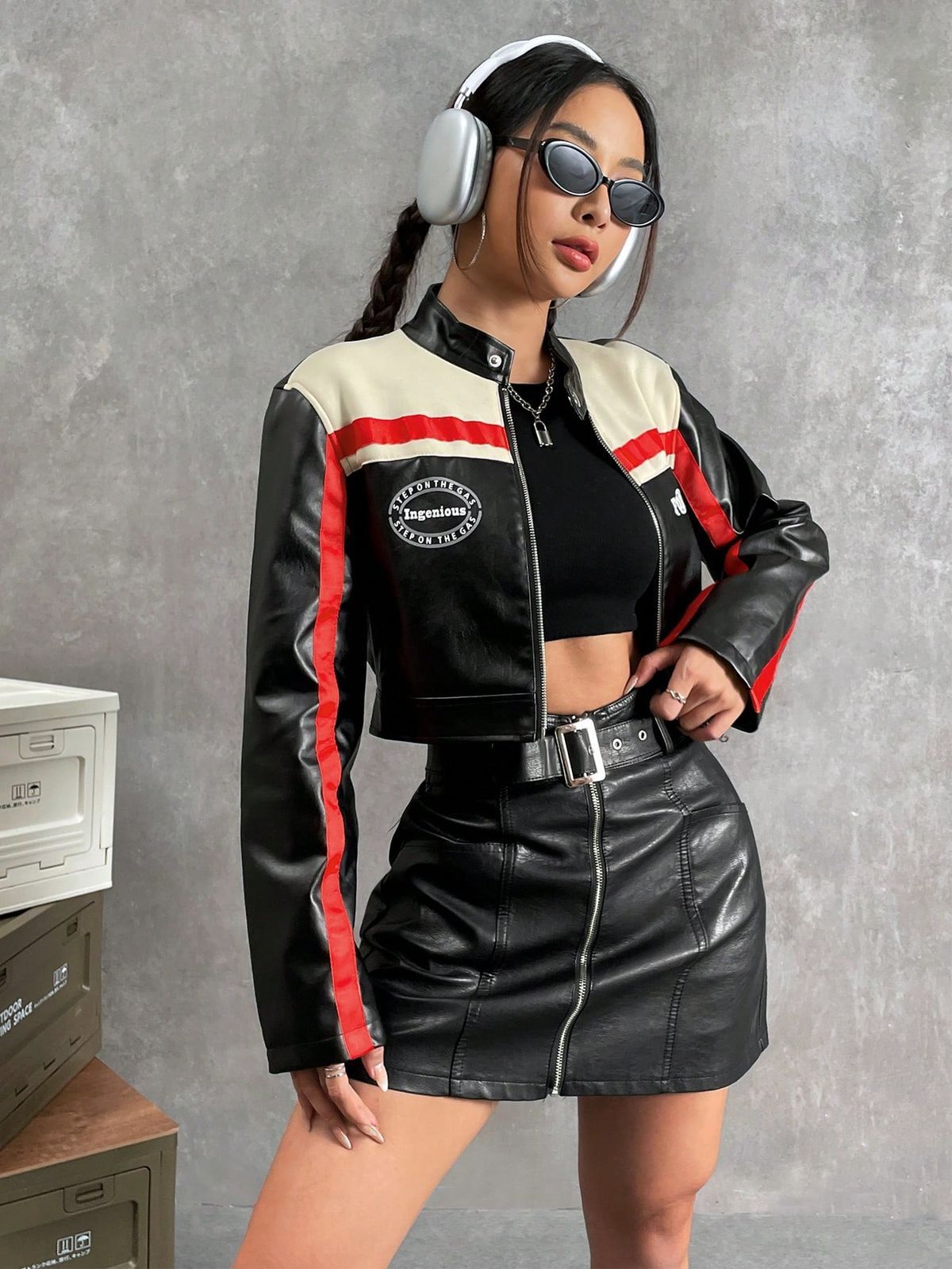 Patchwork Faux Leather Biker Jacket - Blue and Red