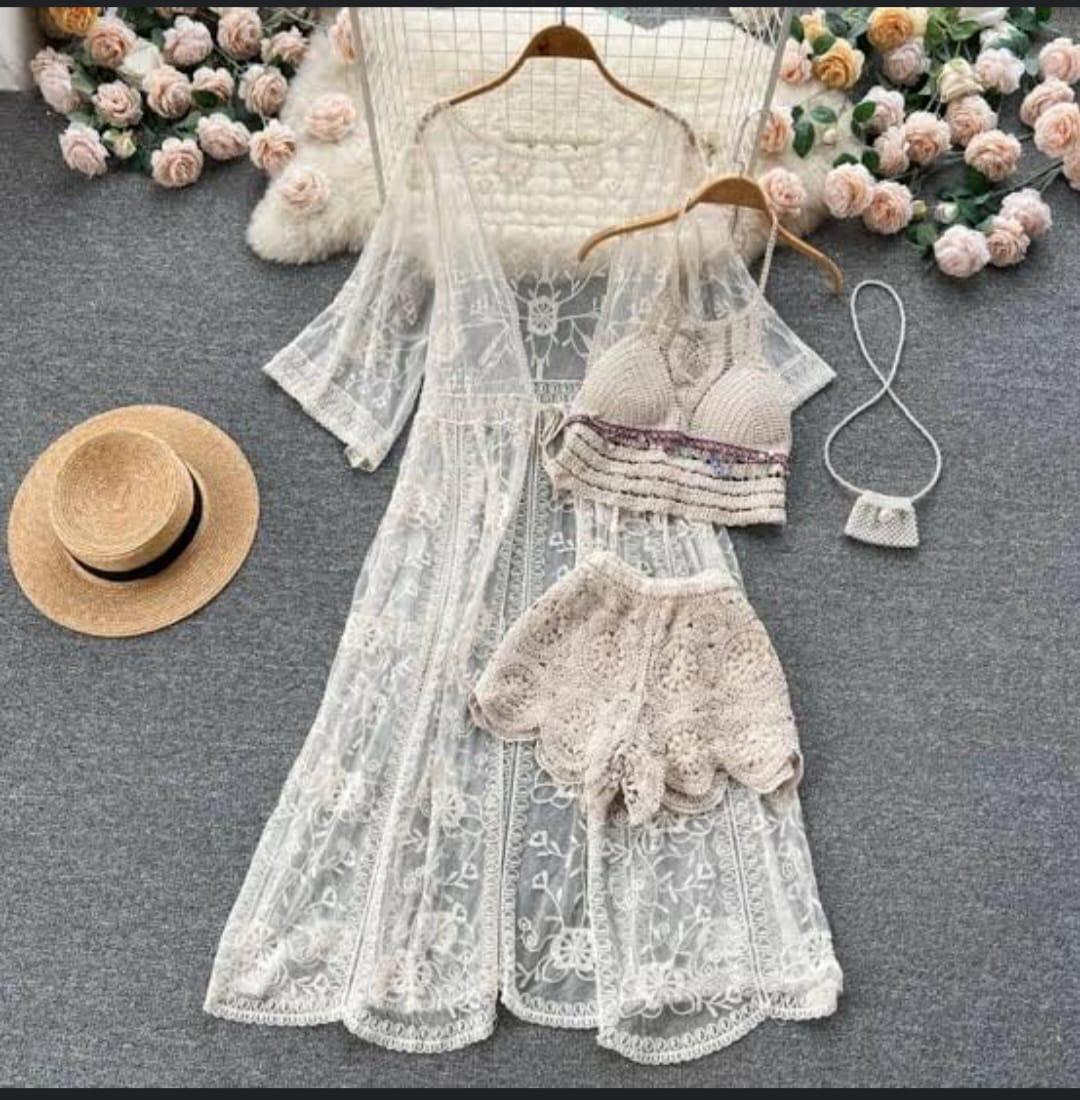 Open Work Beach Top With Shorts and Shrug