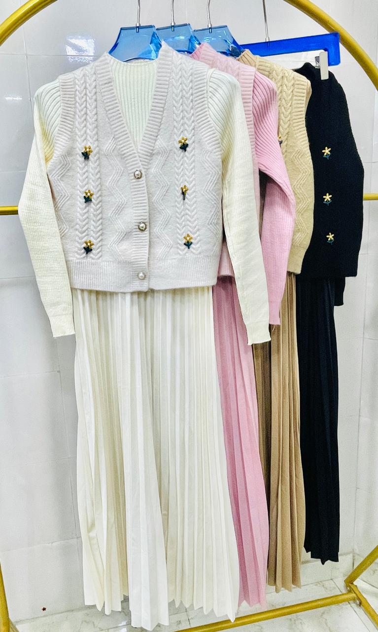 Pleated Long Dress With Cardigan