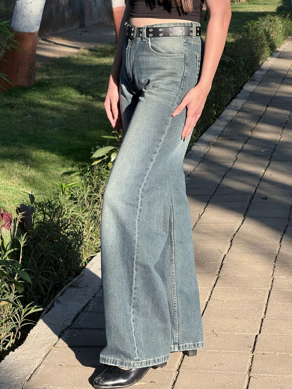 Greenish Washed Wide Leg Denim