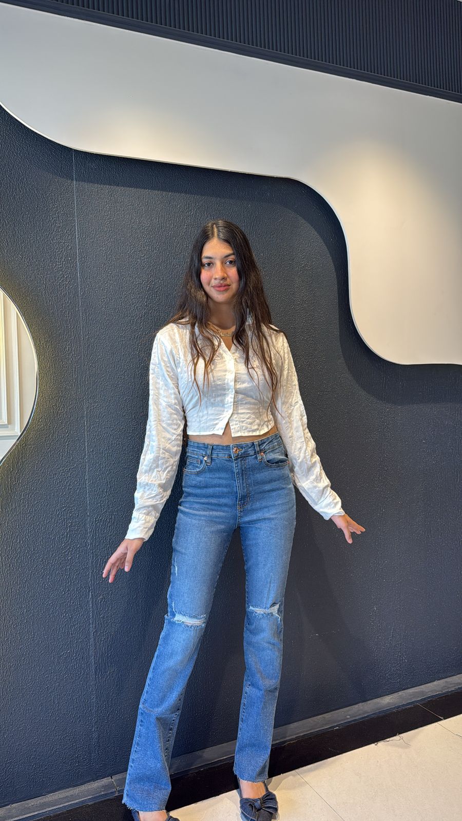 High Waisted Flared Ripped Jeans