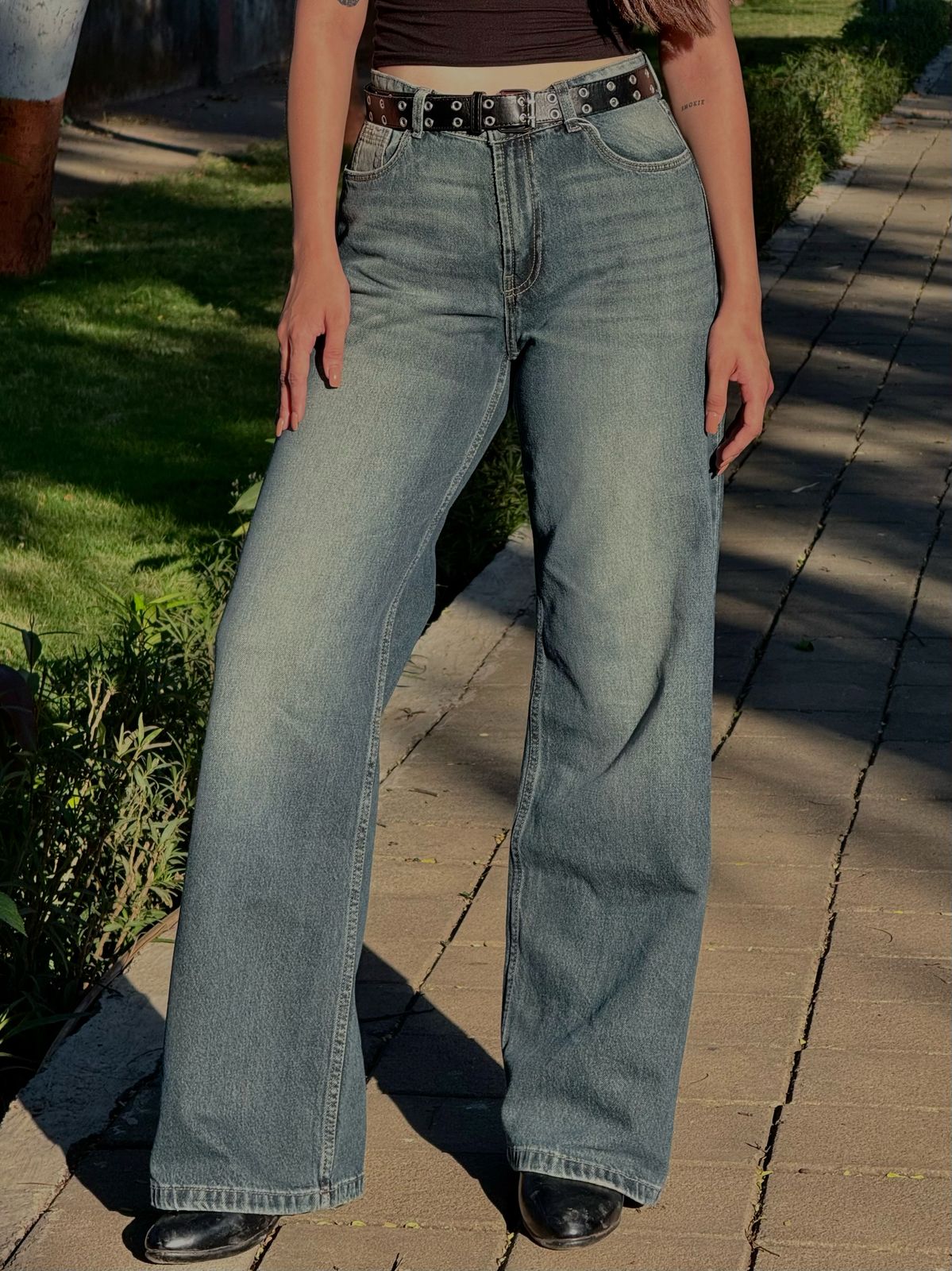 Greenish Washed Wide Leg Denim