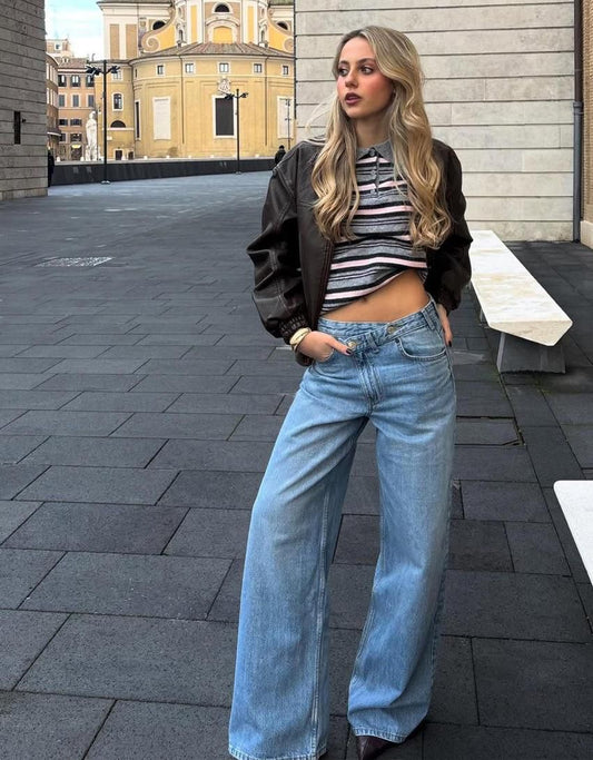 Cross Waisted Wide Leg Denim