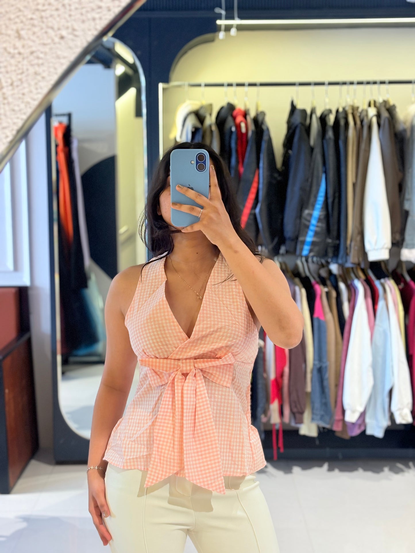 Gingham Bow Halter Neck Top