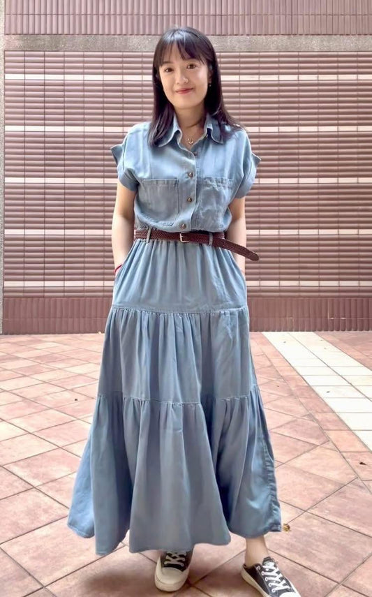 Denim long midi with belt