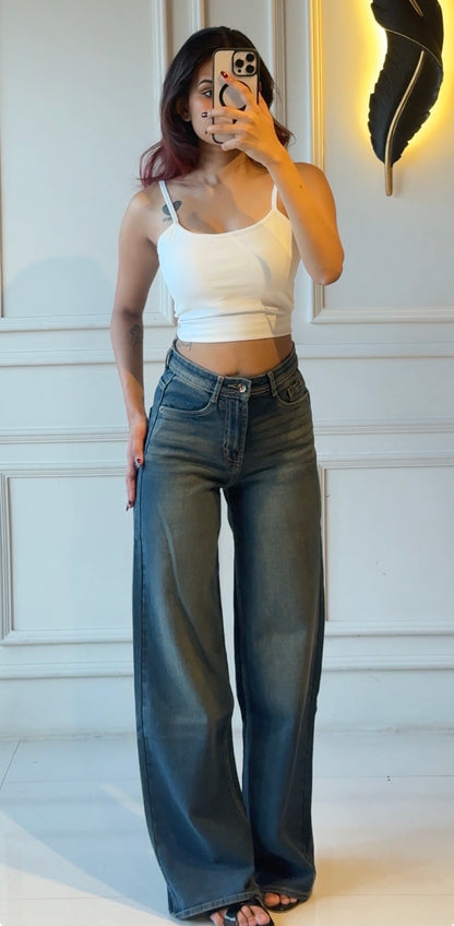Turquoise Green wide leg Denim