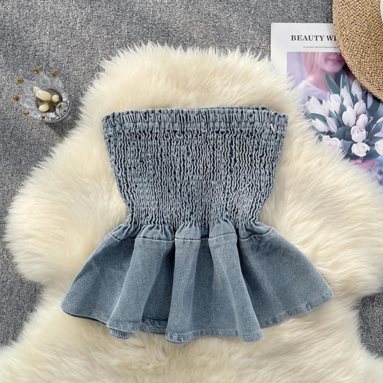 Denim Peplum Tube Top
