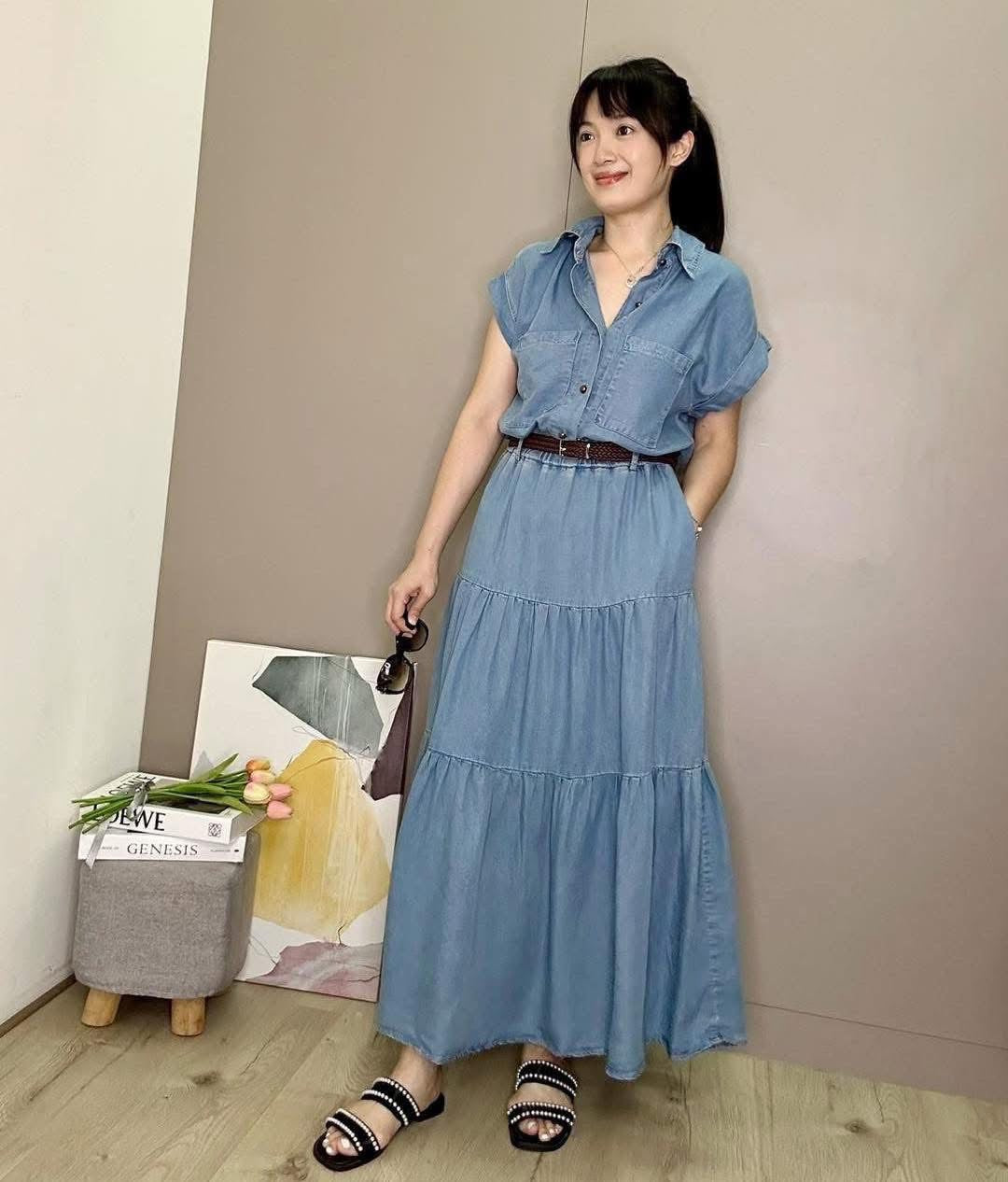 Denim long midi with belt